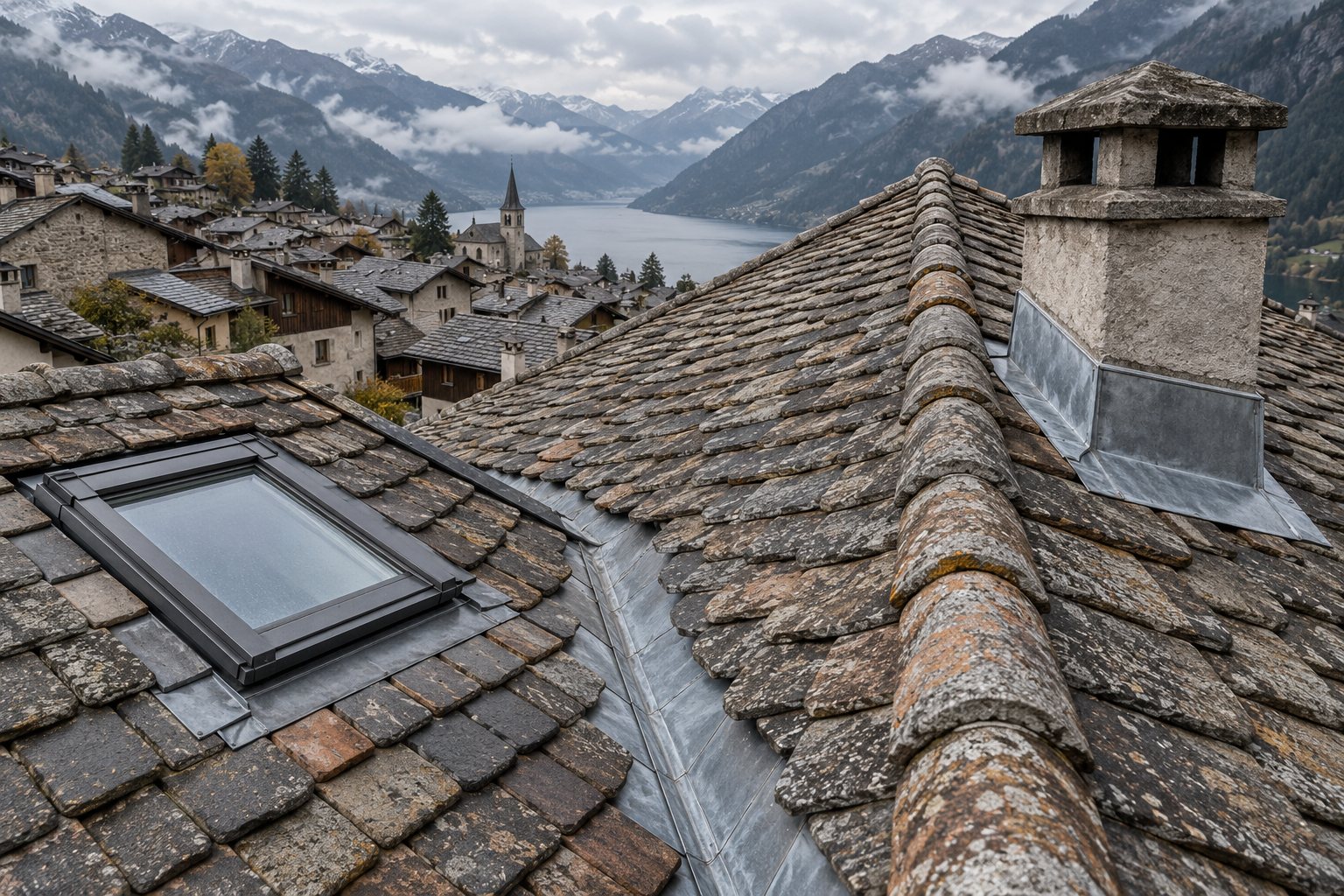 Toit de tuiles vu depuis le faîte, avec solin de cheminée et fenêtre de toit