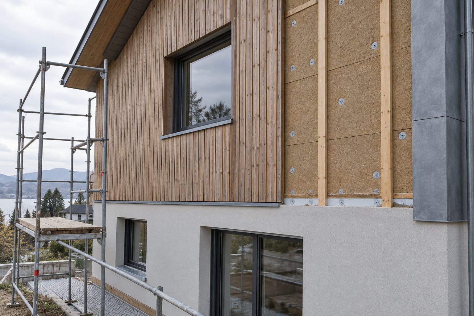 Façade en cours d’isolation extérieure, panneaux de fibre de bois et bardage bois