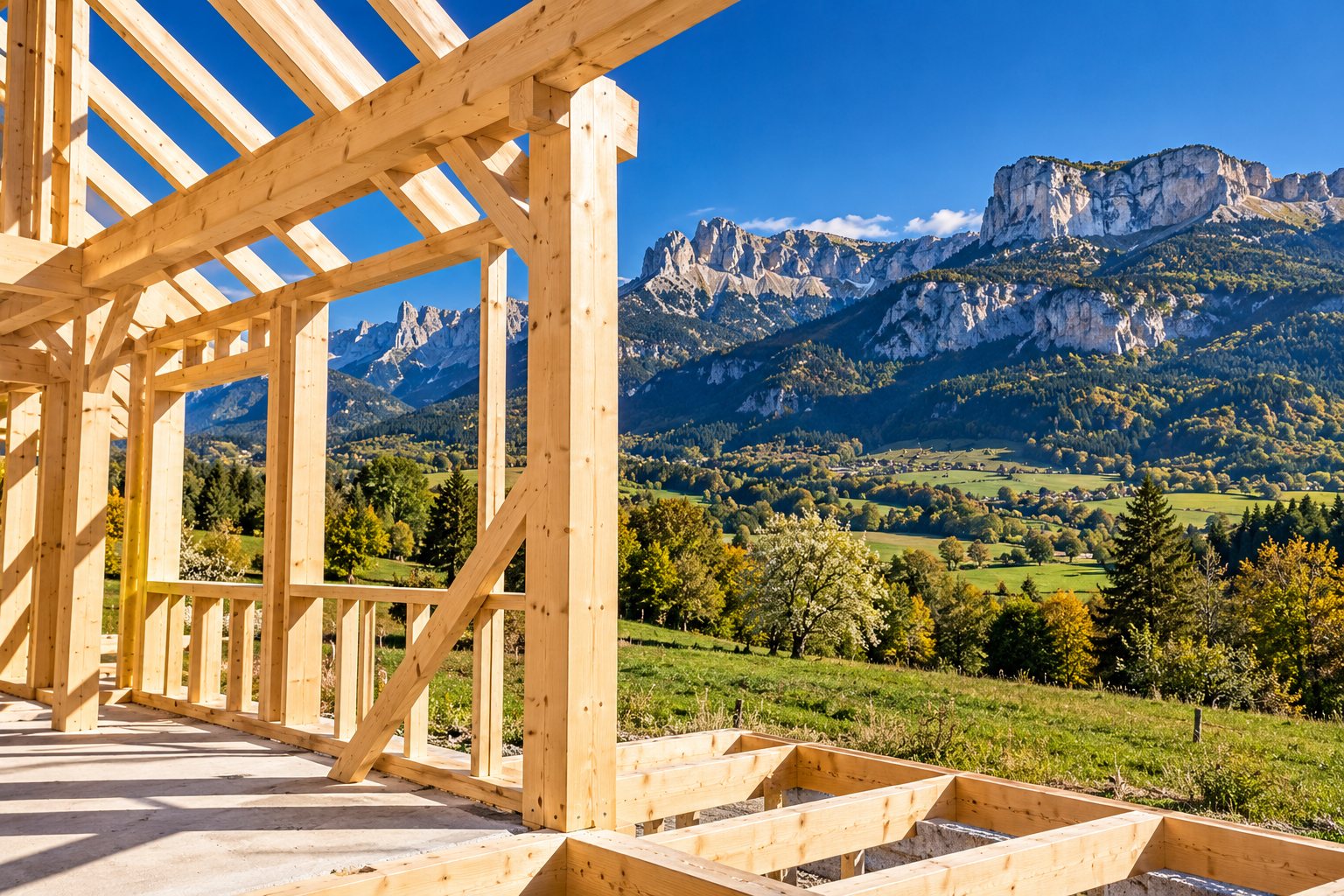 Structure d’une maison à ossature bois en cours de montage