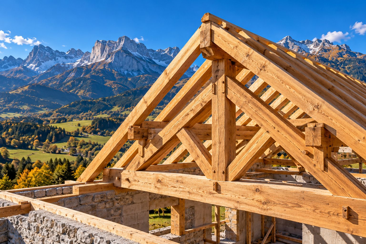 Ferme de charpente traditionnelle en bois sur une maison en construction