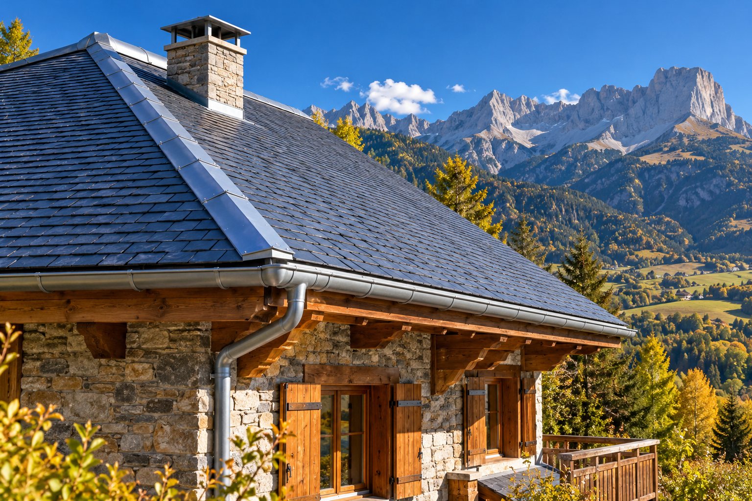 Toiture en ardoise neuve avec faîtage en zinc et cheminée