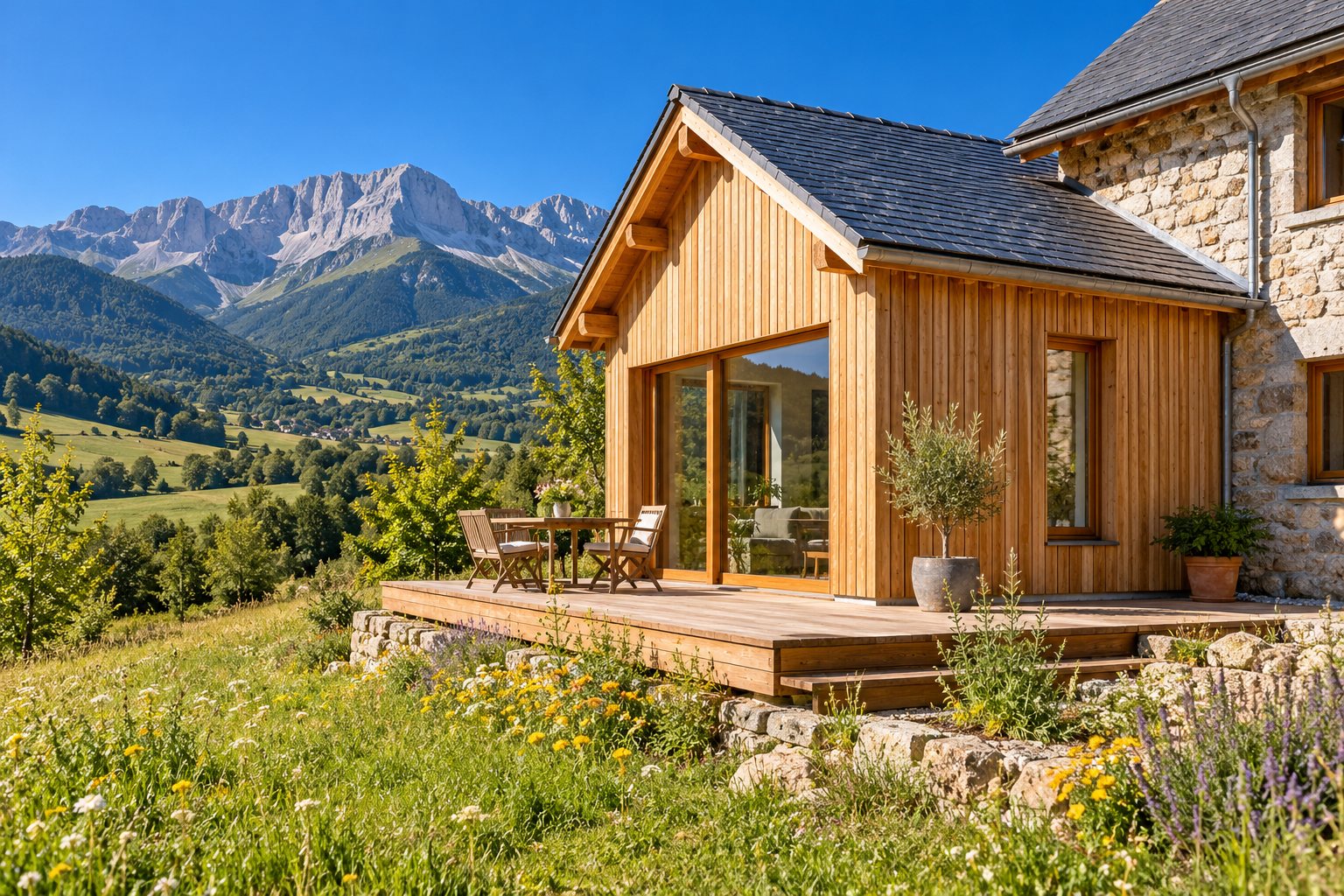 Extension à ossature bois avec bardage vertical et petite terrasse en bois